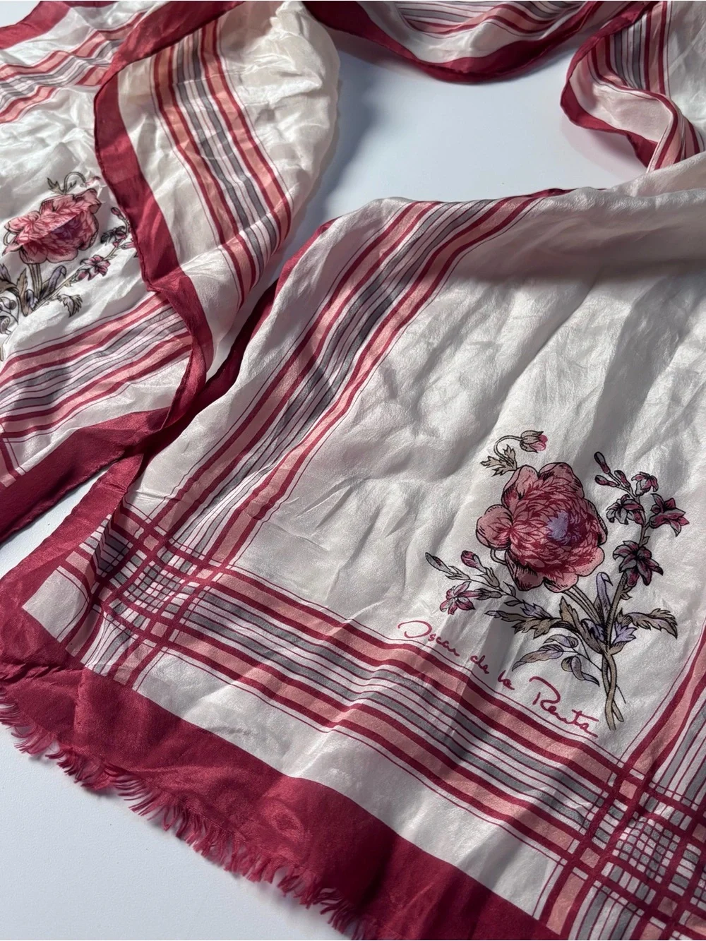 Oscar de la Renta Cream and Rose-Red Floral Stripe Scarf